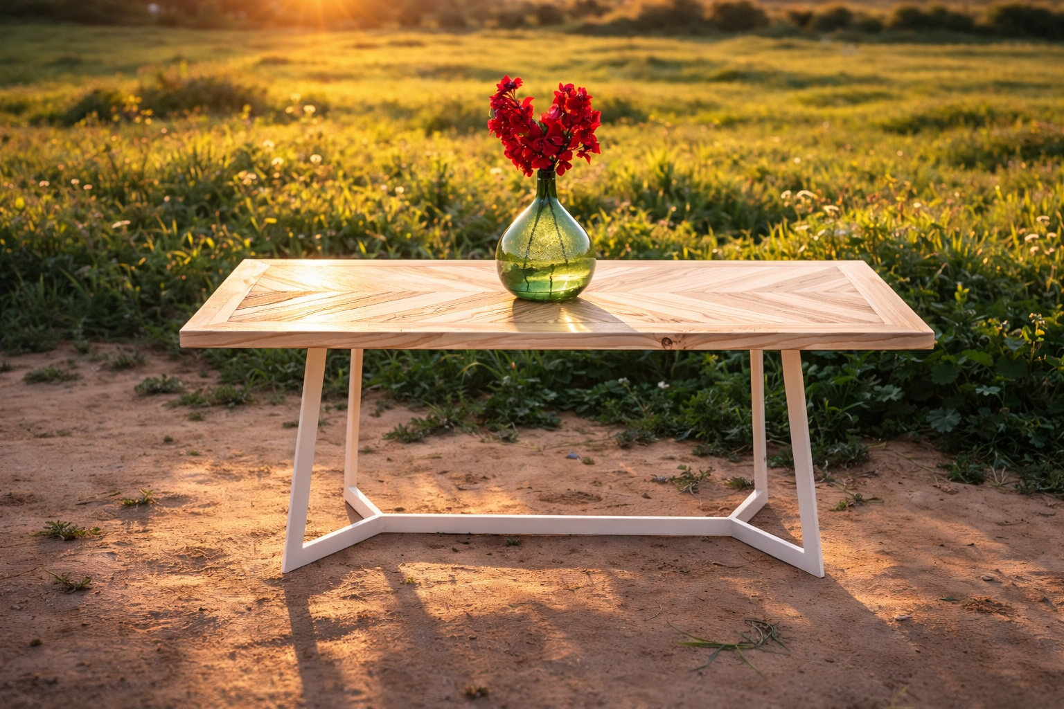 Mesa de comedor artesanal en espiga de madera maciza recuperada