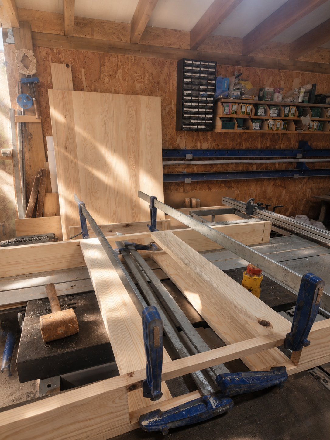 Proceso técnico de prensado estructural de tableros con sargentos en el taller de Acacia